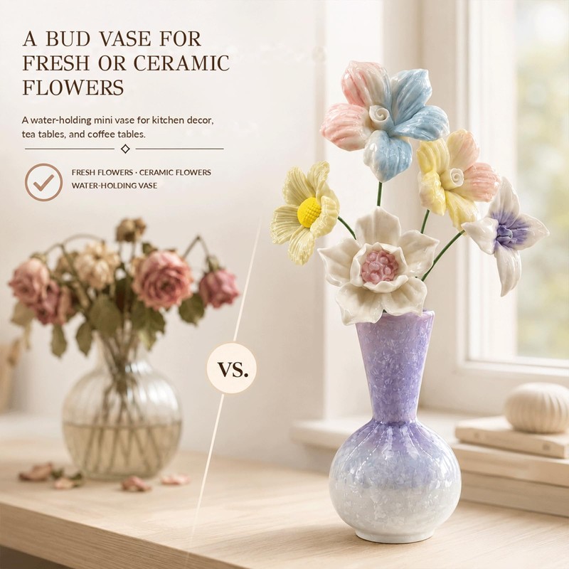 Mini Ceramic Vase with 5 Removable Porcelain Flowers, Purple Crystal