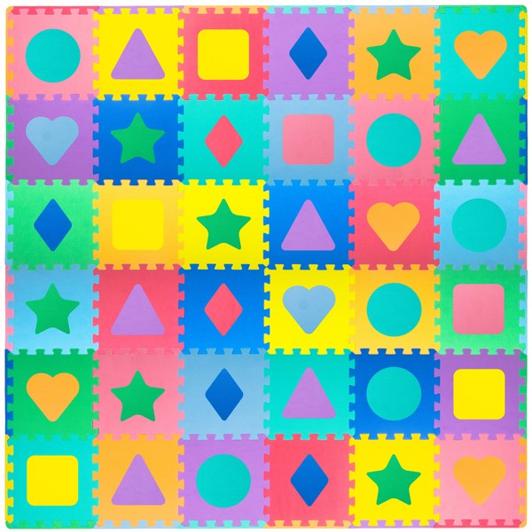 ProSource Kids Foam Puzzle Floor Play Mat with Shapes & Colors 36 Tiles, 12"x12" and 24 Borders