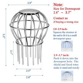 Gutter Guard, Fits for 2.8" ~ 3.7" Round Downspout, 304 Stainless Steel Rigid Filter Strainer, Stops Leaves Seeds and Other Debris, Gutter Cleaning Tool – 4 Pack