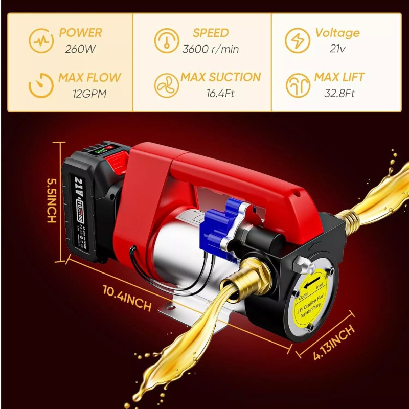 ‎TaskStar 260W Cordless Diesel Transfer Pump 12GPM Electric Fuel Transfer