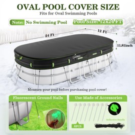 UIRWAY 12x24 FT Winter Oval Pool Cover with Reflective Strips for Above Ground Pool, Oval Solar Pool Cover Including Windproof Rope Tie and Luminous Ground Nails, Swimming Pool Cover with 2 Handles