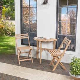 JONATHAN Y DNG2002A-3SET Cadiz Classic French Country 3-Piece Acacia Wood Half-Round Outdoor Folding Bistro Set Coastal, Traditional, Cottage, Transitional, Bohemian, Light Teak