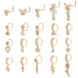 20 St Baumelnde Nasenringe für Frauen, 2 Arten Nasenring-Anhänger Glänzender Zirkon Modischer Piercingschmuck Personalisierter Nasenstecker in L-Form für Frauen Geburtstags Abschlussball Party