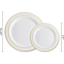 125 Piece Gold Dinnerware Party Set - 50 Gold Rim Plastic Plates, 25 Dinner 25 Dessert Plates, 25 Knives, 25 Forks, 25 Spoons - 25 Guest Disposable Set for Wedding Birthday Parties