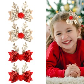 4pcs Christmas Hair Clips, Cute Reindeer Antlers Hair Bow Clips Glitter Sequin Xmas Hairpins Holiday Headdress for Women Girls Party Costume Accessories Stocking Stuffers (Red, Gold)