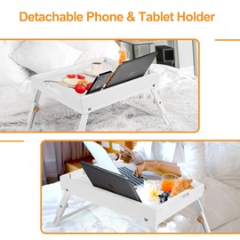 Greenual 2 Pack Bed Tray Table with Handles Folding Legs, Bamboo Breakfast Food Tray with Media Slot, Use As Platter, Laptop Desk, Snack, TV Tray Kitchen Serving Tray(White)