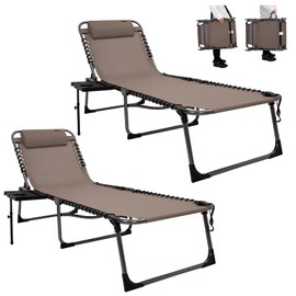 KingCamp Chaise Lounge Outdoor Adjustable Textilene Waterproof Patio Lounge Chair with Side Table Portable Camping Reclining Chair with Pillow (2 Pack, Beige)