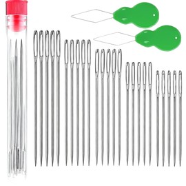 25 Pack Large Eye Needles for Hand Sewing & Embroidery – Big Eye Sewing Needles Assorted Sizes with 2 Needle Threaders, Sharp Steel Big Eye Embroidery Needles for Quilting and Crafts