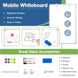 QUEENLINK Mobile Whiteboard, 40"x28" Magnetic White Board with Stand, Height Adjustable Flip Chart Easel, Dry Erase Standing Whiteboard for Office, Teaching