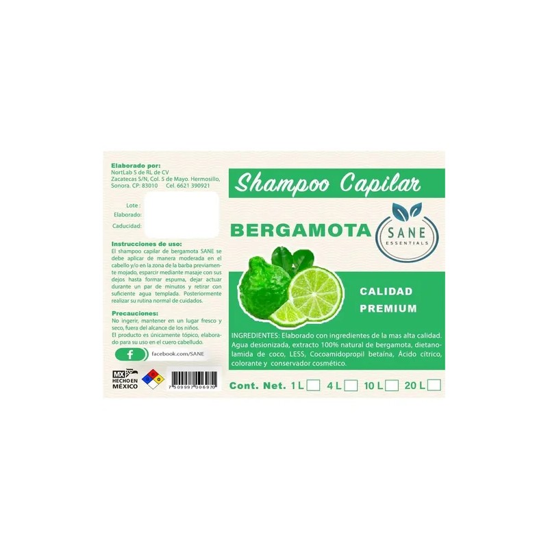 Shampoo Bergamota Natural Sane Crecimiento De Cabello 20 Lt