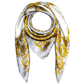 Lorenzo Cana - Luxury Silk Scarf Damask 100% Silk Woven Printed 88 cm x 88 cm Opulent Baroque Pattern Scarf Grey White Gold 89179, gray