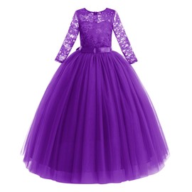 Little Big Girls Vintage Floral Lace Half Sleeve Pageant Long Tutu Dress Princess Party Floor Length Tulle First Communion Junior Bridesmaid Formal Prom Puffy Evening Dance Gowns Purple 5-6 Years