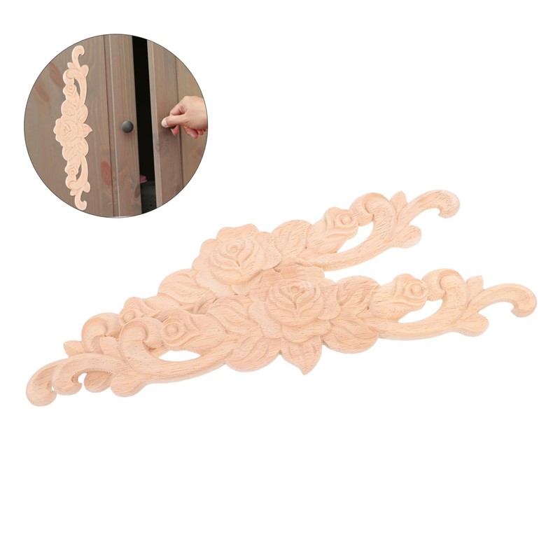 TEHAUX Wood Carved Onlays Appliques 2pcs Rose Flower Decorative Patches