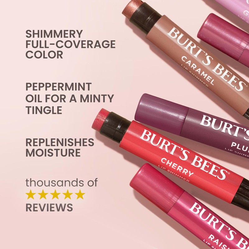 Burt’s Bees Lip Shimmer Peony; Warm, Luminescent Color; High Impact,