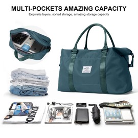 HYC00 Travel Duffel Bags for Women,Weekender Overnight Bag with Wet Pocket & Toiletry Bag,Carry On Personal Item Bag,Travel Tote Gym Bag,Peacock Blue,Large