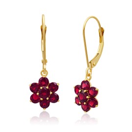 Solid 14K Yellow Gold Flower Shape Red Ruby Earrings for Women | July Birthstone Red Dangle Earrings with Leverback | Hypoallergenic Gemstone Drop Dangling Earring by MAX + STONE