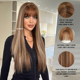 7JHHWIGS 28in Warm Brown Blonde Highlight Long Straight Bangs Wigs Natural Mixed Blonde Brown Ombre Heat Resistant Synthetic Fiber Women Highlight Wigs for Chrismas Daily Party Daily Used