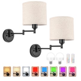 GOODATE Battery Operated Wall Sconce with Remote Control, 15 Colors Dimmable Wireless Wall Sconces Set of Two, Rechargeable Cordless Wall Sconce Light, Swing Arm Wall Lamp with Linen Fabric Shade