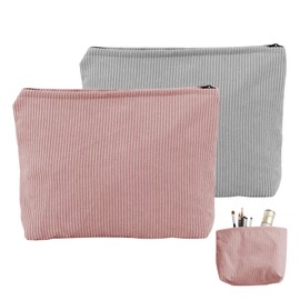 FOSDICK 2 Pieces Makeup Bag, Corduroy Make Up Bag, Small Cosmetic Bags, Travel Cosmetic Bag, Makeup Bags with Metal Zipper, Make Up Pouch for Skin Care Products, Cosmetics, Toiletries(Grey,Pink)