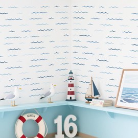 SUPERDANT 4 Sheets Blue Ocean Wave Wall Stickers Minimalist Sea Waves Wall Decals Curved Lines Art Decor Peel and Stick Vinyl Murals for Kids Baby Room Bedroom Nursery Livingroom Home Playroom