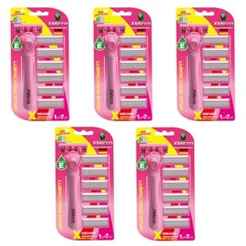 XMicro® Pink Razors For Women, 1 Razor, 7 Blade Refills With German Stainless Steel, Lubricated With Vitamin E, Aloe For Smooth Shave, Shields Against Irritation (Pack of 5) | 35 Blade Included
