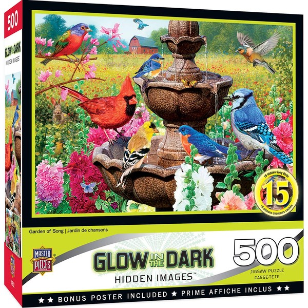 Masterpieces 500 Piece Glow in The Dark Jigsaw Puzzle for Adults, Family, Or Kids - Garden of Song - 15"x21"