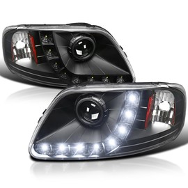 Spec-D Tuning Black Projector Headlights W/LED Lamps Compatible with 1997-2003 Ford F150, 1997-2002 Ford Expedition, 2004 Ford F150 Heritage, Left + Right Pair Headlamps Assembly