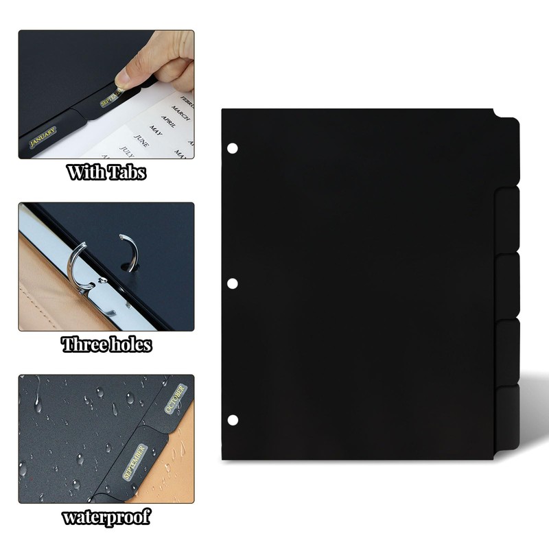 3 Ring Black Dividers, 10.9 x 8.4 Inches, 5-Tab Sturdy