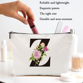 Rose Letter Initial Z Makeup Bags for Women Lined Monogram Cosmetic Bag with Zipper Birthday Gifts for Women Girls Bridesmaid Best Friends Sisters, Travel Toiletry Bag, Wedding Gifts