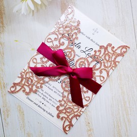 FASTERCY 50PCS Laser Cut Wedding Invitations Cards 5"x 7.28" with Burgundy Ribbon and Envelopes for Bridal Shower Engagement Birthday Graduation (Rose Gold Glitter)