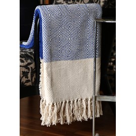 RAJRANG Blue Throw Blanket with Decorative Tassel Cotton Rustic Throws Geometric Knitted Soft and Cozy Boho Blankets - 50 x 60 Inches