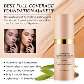Foundation 4 in 1 - Medium Spectrum with SPF 50+, Anti-Aging, Concealer, Sun Protection, Hydrating Color Changing Foundation Makeup Liquid - Longwearing & Waterproof for Sport, Dancing (1PC, 30ml)