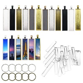Seasonsky 18 PCS 6 Color Rectangle Pendant Tray with 18 PCS Glass Cabochons Rectangle Bezel, 10 PCS Key Ring for Jewelry Making for Making Photo, Crafting DIY Gift