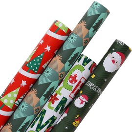 Yeconire 30 Inch Christmas Wrapping Paper for Gifts 4 Rolls Wrap Paper - Funny Santa Claus, Snowflakes Snowman, Merry Christmas, Pine Trees, Holiday Gift Wrapping - 30 Inch x 120 Inch Per Roll
