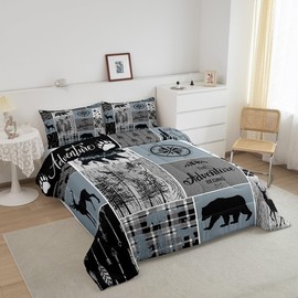 Cabin Rustic Lodge Bedding, Bear Deer Vintage Comforter Set Full Size, Country Farmhouse Patchwork Duvet Insert Woodland Geometric Plaid Patchwork Down Comforter with 2 Pillow Cases, Grey Black