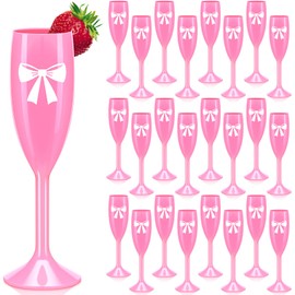 Reallnaive 24 Pcs Pink Bow Champagne Flutes 6 oz Coquette Plastic Wine Glasses Reusable Pink Toasting Goblet Glasses for Bachelorette Bridal Showers Shes Tying The Knot Wedding Party Supplies