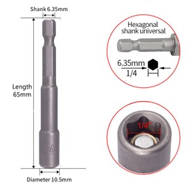 Bestgle 10Pcs 1/4 Inch Shank Nut Setter Driver Drill Bit Set, 1/4 Inch Magnetic Nut Driver Socket Set for Hand Drill, Electric Screwdriver, Socket Wrench Screw, 65mm Length