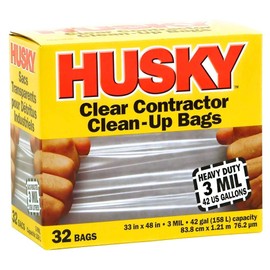 Husky Heavy Duty Clean-Up Trash Bag, Polyethylene Resin, 42 gal, 45-1/8 in L x 32-3/4 in W x 3 mil T, Clear