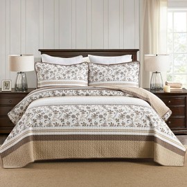 VatinHK 100% Cotton King Quilt Set - 106"×98" Farmhouse Floral Bedspreads King Size Coverlet Set, Breathable Comforter Bedding Set with 2 Pillow Shams, Lightweight Botanical Stripe Home Decor, Brown