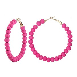 Dainty Wood Beaded Hot Pink Bohemian Large Big Hoop Earrings for Women Boho Huggie Hoops Hypoallergenic Minimalist 2" Round Circle Hooped Fashion Trendy Jewelry Gifts Bff Birthday 50mm