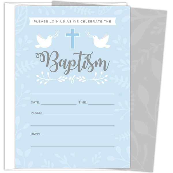 Baptism Invitations for Baby Boys, 25 Fill In The Blank Style Cards and Envelopes.