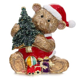 Hand Painted Christmas Trinket Box for Home Decor Accents, Enamel Hinged Jewelry Box for Bookshelf Office Table Desk Decor, Classical Figurine Collectible Keepsake Sculptures (Brown Christmas Bear)