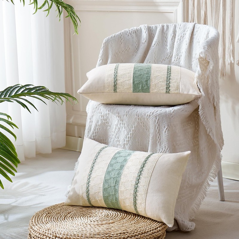 Cushion Covers Sage Green Boho Striped Geometric Decorative Cotton Pillowcases