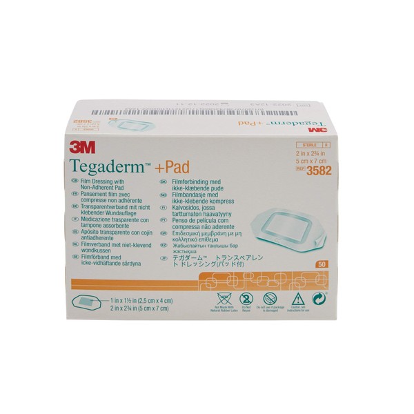 3M Tegaderm +Pad Film Dressing with Non-Adherent Pad, Sterile Dressing With Waerproof Bacterial Barrier and Absorbent Pad, 2" Square, Box of 50