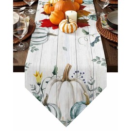 Pumpkin Eucalyptus Table Runner 70 inches Long Fall White Pumpkin Leaves Farm Harvest Wood Grain Non-Slip Washable Burlap Table Linens for Family Dinner, Autumn Parties, Gathering Tabletop Decorations