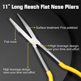 LEONTOOL Long Reach Flat Nose Pliers 11-inch Duck Billed Pliers with Serrated Jaws for Automotive Repair Mechanical Work, Long Reach Plier for Hard to Reach Narrow Spaces & Limited Clearance Areas