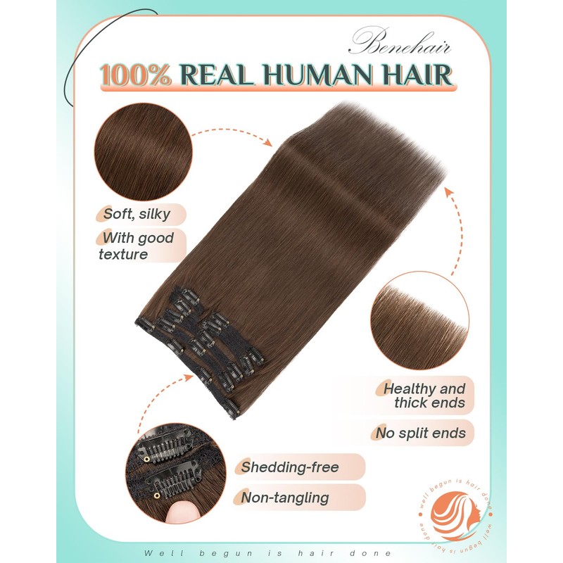 Benehair Clip in Hair Extensions Real Human Hair 10inch Double