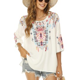 Vakakado Boho Embroidery Blouse Hippie Clothing Women's 70s 80s Clothing Bohemian Folklore Embroidered Tunic 3/4 Sleeve Elegant Tops, 438-White