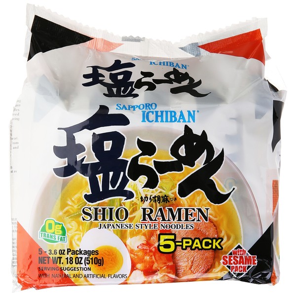 Sapporo Ichiban Instant Bag Shio Ramen Noodles, 3.6 Ounce, (Pack of 5)