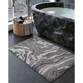 DEXI Bathroom Rug Mat 17x30, Soft and Absorbent Marble Bath Mats for Bathroom, Non Slip Machine Washable Bathmat for Shower Floor, Tub, Sink, Grey and White